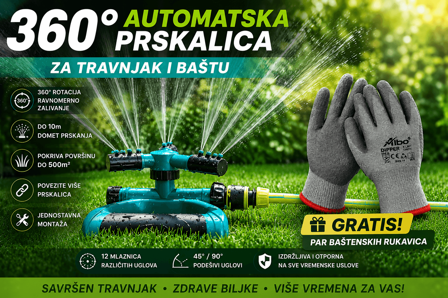 💦 360° Automatska Rotirajuća Prskalica za Baštu i Travnjak + 🎁 POKLON Baštenske rukavice